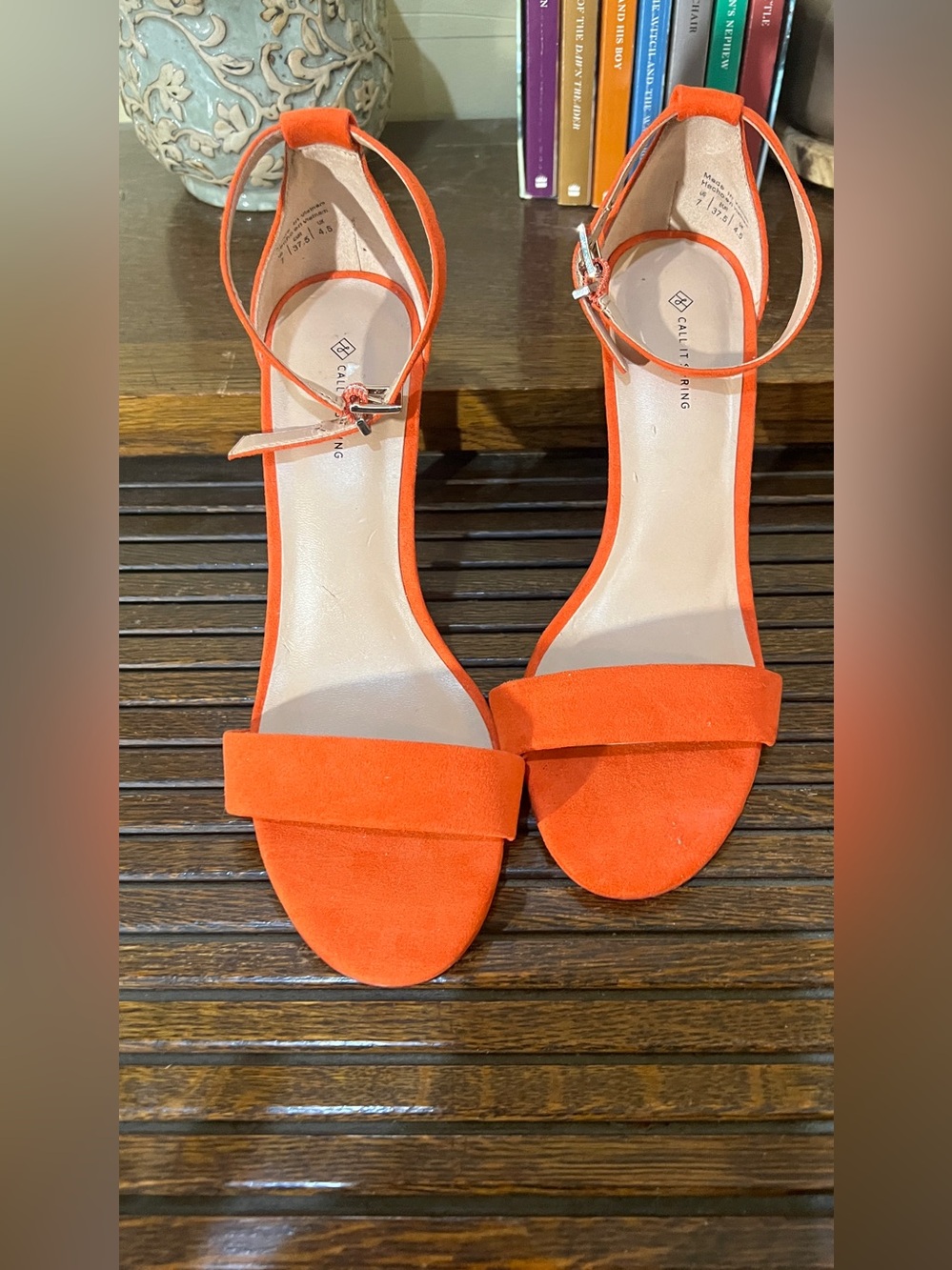 Call It Spring Bright Orange Suede Ankle-Strap Heels